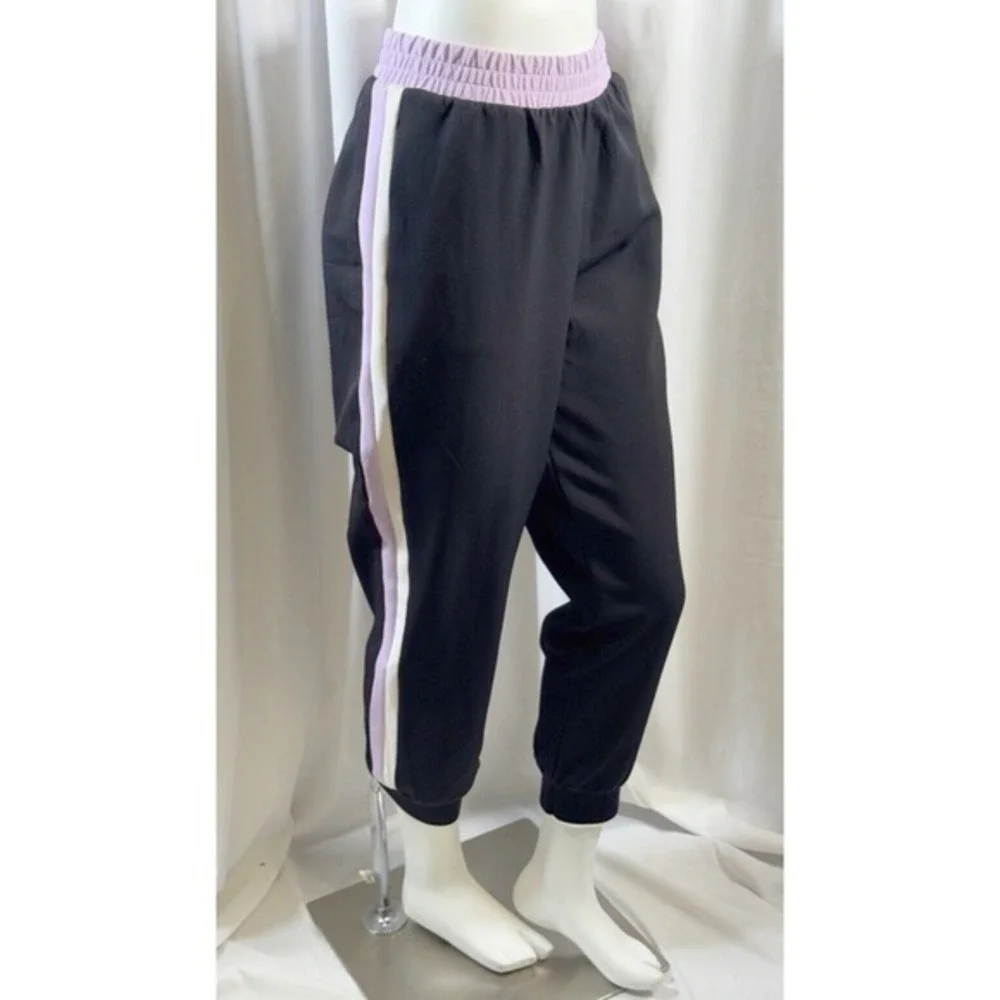 Zara Black Lilac Purple Side Stripe Jogger Pants Elastic Waist XL Preppy 74-01 - Picture 2 of 11